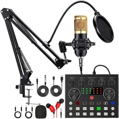 Solayne Podcast set - Podcast Microfoon - Podcast - Starterset - Podcast makers - Geluidskaart - Met boom arm - Goudkleurig -