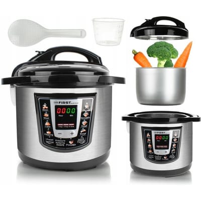 TZS First Austria Multicooker - 6L - 1000W - Snelkookpan - Rijstkoker - 9 Kookfuncties - RVS - Timer - Zilver