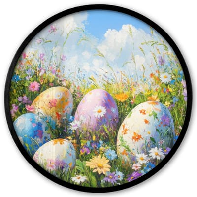 Poster in lijst Rond - Fotolijst 40x40 cm - Posters - Grasveld - Eieren - Bloemen - Ronde posterlijst zwart - Decoratie - Wanddecoratie woonkamer - Muurdecoratie slaapkamer