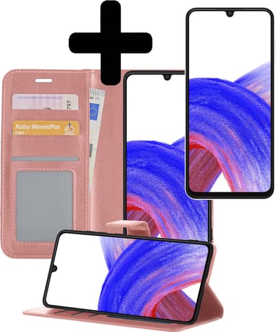Hoesje - Met Screenprotector - Geschikt voor Samsung Galaxy A33 - Luxe Pasjeshouder - Bookcase Portemonee - Flip Case - Kunstleer Book Case - Flipcase - Book Cover - Walletcase - Portemonneehoes - Telefoonhoesjes - Rosé goud