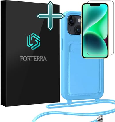 Hoesje Geschikt voor iPhone 13 Pashouder Case Siliconen Hoes Met Koord Met Screenprotector - Hoes Geschikt voor iPhone 13 Met Telefoonkoord Hoesje Back Cover Met Pasjeshouder - Lichtblauw