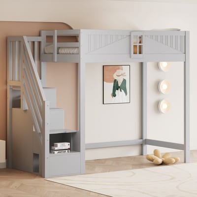 MODFU Hoogslaper 90x200 cm van massief hout – met veiligheidsdeur en uitwisselbare ladder – grijs – uniek design
