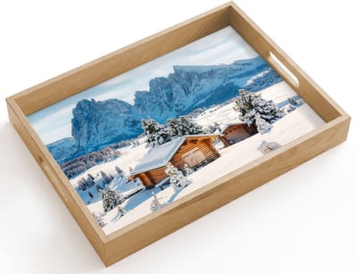Dienblad hout 40x30 cm - Schootdienblad - Winter - Huisje - Bergen - Uitzicht - Sneeuw - Borrelplank rechthoek - Plateau dienbladen
