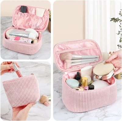 Kleine Cosmetica Tas voor Vrouwen, Corduroy Make-up Tas met Rits, Reis Make-up Tas met Vakken, Multifunctionele Cosmetica Tas in Roze, 3 Stuks