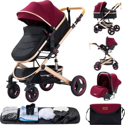 Luxe 3-in-1 Kinderwagen - Draagbaar, Opvouwbaar, met Vering - Aluminium Frame - Inclusief Autostoel - Kwalitatieve Buggy voor Pasgeboren Baby - Luxe Multifunctionele Combi Kinderwagen - Rood