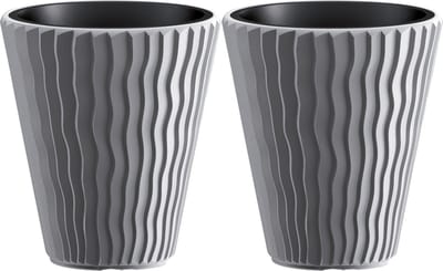 Prosperplast Plantenpot/bloempot Sand Waves - 2x - buiten/binnen - kunststof - steengrijs - D35 x H38 cm - met binnenpot