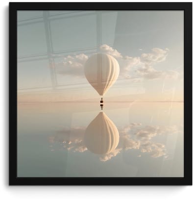 Poster in lijst - Fotolijst 40x40 cm - Posters - Luchtballon - Wolken - Water - Blauw - Posterlijst zwart - Decoratie - Wanddecoratie woonkamer - Muurdecoratie slaapkamer