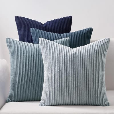 Famanu – Corduroy ribfluweel kussenhoezen set van 4 (50x50 cm) – pluizig kleurverloop gestreept – blauw – bank & slaapkamer
