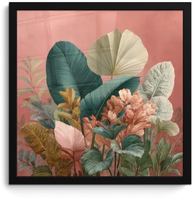 Poster in lijst - Fotolijst 40x40 cm - Posters - Tropische bladeren - Bloemen - Roze - groen - Posterlijst zwart - Decoratie - Wanddecoratie woonkamer - Muurdecoratie slaapkamer