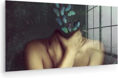 MuchoWow® Glasschilderij 120x60 cm - Schilderij acrylglas - Torso - Stilleven - Vlinders - Blauw - Foto op glas - Muurdecoratie woonkamer - Wanddecoratie slaapkamer - Schilderijen