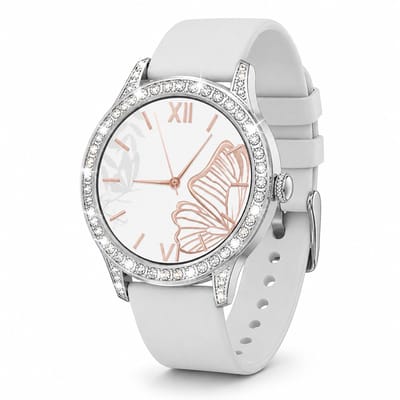 Knobbout 1,27" Scherm Dames Sierlijke Smartwatch met Strass– HD Touchscreen – Hartslag-, Bloeddruk- & Zuurstofmeting – Slaapmonitor – Ademhalingstraining – Menstruatiecyclus – AI-Spraakassistent – IP68 Waterdicht – Wit Silicone Band