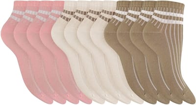 Pierre Cardin Dames Sokken Urban E.03 - 12 Paar - Quarter Enkelsokken - Roze, Crème & Taupe - Premium 200N Kwaliteit - Naadloze Teen - Katoenmix