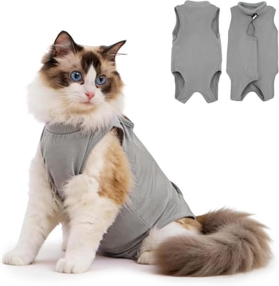 Herstelpak Kat - Postoperatief Pak Katten Body - Wondbescherming Kat - Ademend Modaal Materiaal - Maat L - Grijs