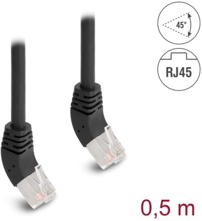 Delock RJ45 Network Cable Cat.6A S/FTP 45° upwards angled 0.5 m black