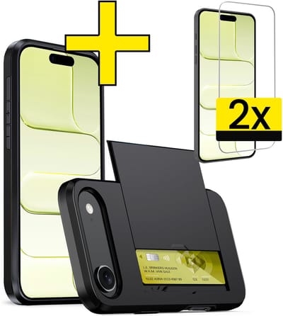Hoesje Geschikt voor iPhone Air Hoesje Case Pashouder Hard Cover Met 2x Screenprotector - Hoes Geschikt voor iPhone Air Hoesje Met Kaarthouder - Zwart