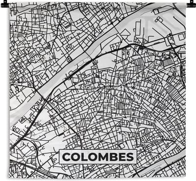 Wandkleed - Wanddoek - Frankrijk - Kaart - Plattegrond - Colombes - Stadskaart - Zwart wit - 180x180 cm - Wandtapijt