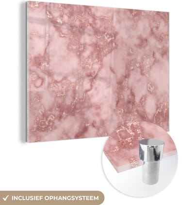 MuchoWow® Glasschilderij 120x90 cm - Schilderij acrylglas - Rose gold - Glitter - Marmer - Agaat - Foto op glas - Schilderijen