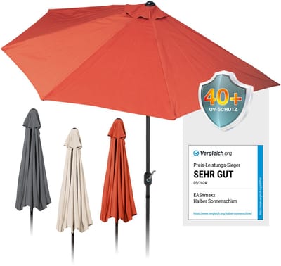 EASYmaxx halfronde parasol | 270 x 140 x 235 cm | voor balkon en terras | past perfect tegen muren | met handige slinger en UV-bescherming 40+ | zorgt voor schaduw