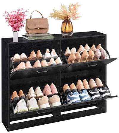 Signature home Miami Schoenenkast 4 kleppen - Schoenenrek Verstelbaar voor 16-28 paar schoenen - Gang - Ebbenhout Zwart - 24 x 105,5 x 82,7 cm