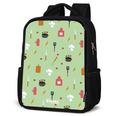 NoBoringSuitcases.com® - Rugzak zwart - Schooltas jongen & meisje - Keukenaccessoires en ingrediënten op lichtgroen - Rugtas voor school - Boekentas kind - Schoolrugzak - Kinderrugzak