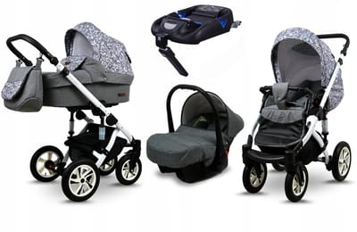BabyLux® Kinderwagen 4in1 – SKY LARK - Grey Animals WHITE FRAME - Opklapbare Wandelwagen incl. Reiswieg, Multifunctionele Buggy Sportstoel, Autostoel, ISOFIX basisstation - Combi-kinderwagen met Luiertas, Regenhoes, Klamboe