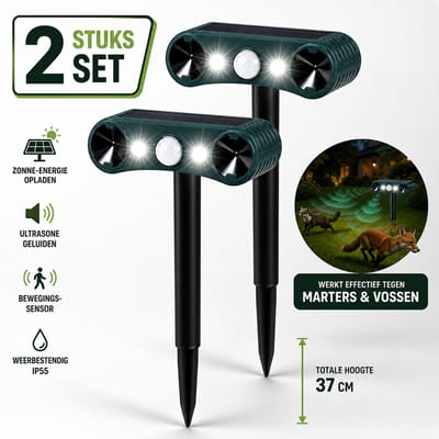 Dutchers® Ultrasone Dierenverjager 2-Pack – Marterverjager, Kattenverjager & Muizenverjager – Ongedierteverjager met Bewegingssensor & Knipperlicht – Waterdicht (IP55) – Voor Tuin & Buiten