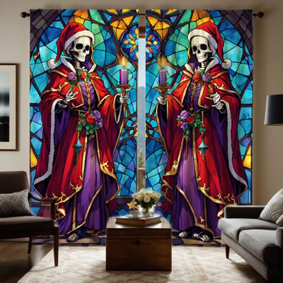 2 pièces Verre teinté HD Crâne de Noël Art Déco rideau Bleu Cravate rideau imprimé numériquement Décoration intérieure style Décorer salon W52H63inchW132H160cm blue