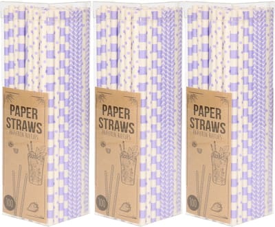 Excellent Houseware Papieren drinkrietjes - 300x - lila/paars- 20 cm
