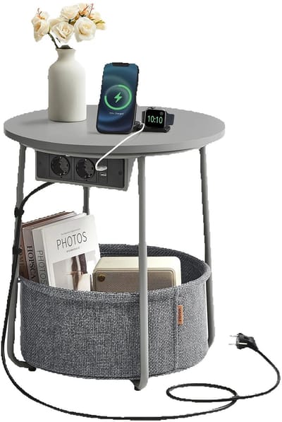 Stervia Bijzettafel - Salontafel - Nachtkastje - Met Opbergmandje - Met Stopcontacten - 2 Laags - Draagvermogen 35 Kg - 45 x 50cm
