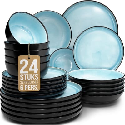 Pure Living Ibiza Dark 24-Delig Serviesset - Aquamarijn - Krasbestendig Aardewerk - Voor 6 Personen - Magnetron & Vaatwasserbestendig
