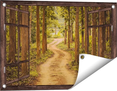 Gards Tuinposter Doorkijk Pad in het Bos met Bomen - 60x40 cm - Tuindoek - Tuindecoratie - Wanddecoratie buiten - Tuinschilderij