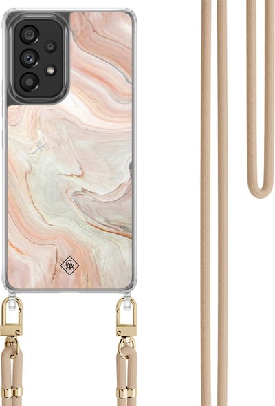 Casimoda® hoesje met koord - Geschikt voor Samsung A53 - Marmer Waves - Afneembaar koord - TPU/polycarbonaat - Bruin/beige