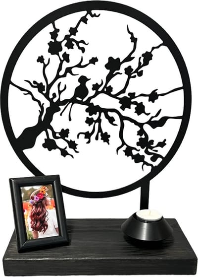Urn beeld - Bloesemtak - metaal in hout - 28cm - Design urn - incl. as buisje in sokkel - keepsake