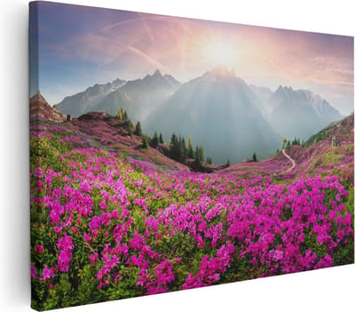 Artaza Canvas Schilderij Bloemenveld - 30x20 cm - Klein - Wanddecoratie Bergen - Schilderijen Op Canvas Natuur - Decoratie Zonsondergang