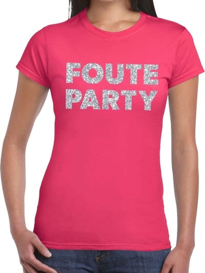 Foute Party verkleed t-shirt - zilveren glitter tekst - roze - voor dames - Party kleding XS