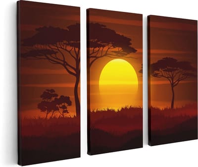 Artaza Canvas Schilderij Drieluik Zonsondergang In De Savanne - Abstract - 120x80 cm - Wanddecoratie Woonkamer - Schilderijen - Muurdecoratie