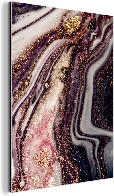Wanddecoratie Metaal - Aluminium Schilderij Industrieel - Marmer - Roze - Goud - Glitter - Marmerlook - 60x80 cm - Dibond - Foto op aluminium - Industriële muurdecoratie - Voor de woonkamer/slaapkamer