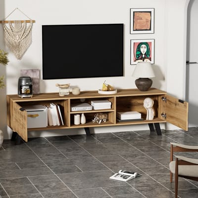 Moderne Tv meubel 160,5 x 35,5 x 45 cm - met 2 deuren en 2 open vakken - houtkleur