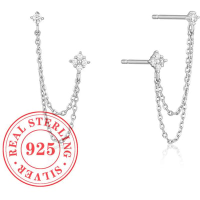 Huitan Sterling Zilver Vier Zirkonia Oorknopjes Voor Dames Dubbele Knopjes Ketting Kwastje Piercing Oorbel 18K Verguld white