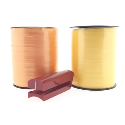 Premium Krullint Set + Krullintsplitter - Oranje & Geel - Cadeaulint - Verpakkingslint - Breedte: 10 mm - Rollengte: 250 meter per rol - Gemakkelijk te Verwerken - Te Splitten - Dikke Kwaliteit - Levendige Kleuren