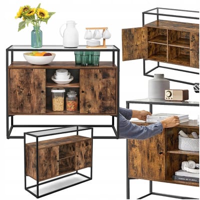 Songmics - Moderne Hal- en Salonconsole - Stalen Frame - Rustiek Bruine Elementen - Glazen Blad
