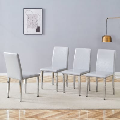 [Set van 4 minimalistische eetkamerstoelen] Lichtgewicht luxe in Europees design in grijs en zilver: Lichtgrijs getextureerd PU-leer + zilverkleurige metalen poten, past perfect in moderne eetkamers, woonkamers en meer.