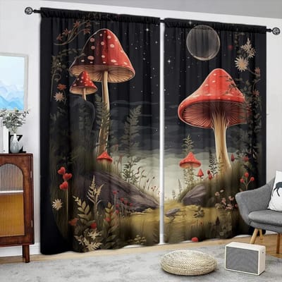 2 stuks Donker Paddenstoel Bedrukt Gordijn voor Huisdecoratie - Tunnelroede Raambekleding voor Slaapkamer, Kantoor, Keuken, Woonkamer en Studeerkamer 75cmX165cmX2pcs