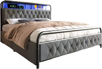 Bed - Tweepersoonsbedden - Tweepersoonsbed - USB C Oplaadfunctie APP-bediening LED Metalen bed - 140x200 - bedframe 4 Laden Fluweel