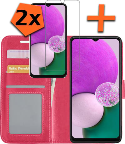 Hoes - Met 2x Screenprotector - Geschikt voor Samsung Galaxy A13 5G - Luxe Pasjeshouder - Bookcase Portemonee - Flip Case - Kunstleer Book Case - Flipcase Hoes - Book Cover - Walletcase - PortemonneeHoes - Donkerroze
