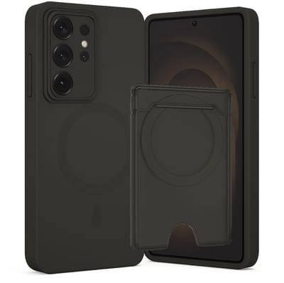SnapSkin Hoesje & Pasjeshouder geschikt voor Samsung Galaxy S25 Ultra - Geschikt voor MagSafe Case - Magnetische Kaarthouder - Semi-Transparant Zwart