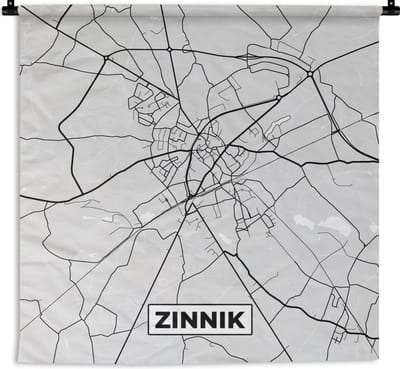 Wandkleed - Wanddoek - Plattegrond – Zinnik – Zwart Wit – Stadskaart - Kaart - 180x180 cm - Wandtapijt