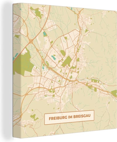 Canvas Schilderij Freiburg im Breisgau - Plattegrond - Vintage - Kaart - Stadskaart - 20x20 cm - Wanddecoratie