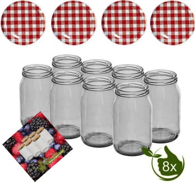 Glazenpotten 900 ml met twist-off deksel rood/wit blok design 8 stuks