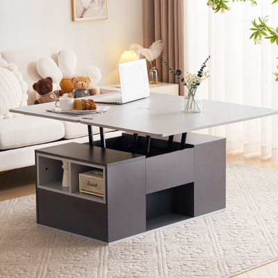 Wishdor Hoogteverstelbare multifunctionele salontafel 2-in-1 met 2 lades & open vakken, 100×51×47 cm, grijs